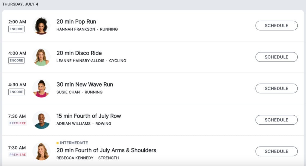 Peloton upcoming schedule showing encores & premieres for July 4, 2024